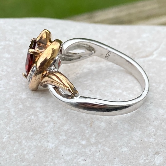 Genuine Garnet and white topaz ring .925 Sterling Silver 18k gold accent - Picture 8 of 15